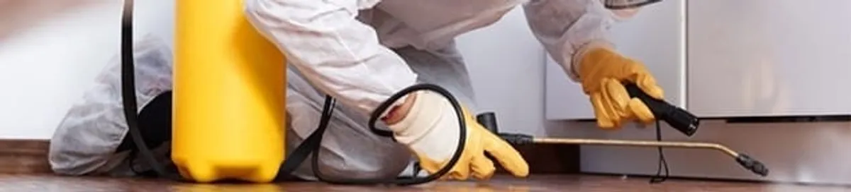 Roach exterminator treating cracks and crevices along kitchen baseboards in Tucson, AZ
